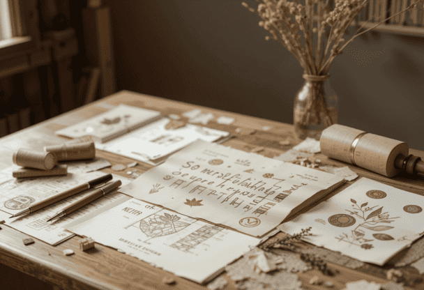 mesa de madeira clara com recortes de papel, tecidos estampados, tesouras, lápis e linhas, com um molde impresso parcialmente visível em destaque.