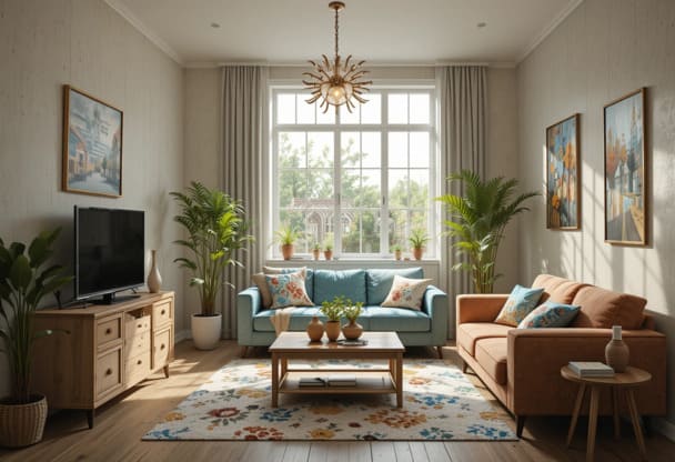 uma luminária feita com garrafa de vidro, almofadas coloridas de camisetas antigas, móveis restaurados com pintura artesanal e organizadores feitos de latas de alimentos decoradas. Luz natural suave entrando pela janela, atmosfera acolhedora e criativa