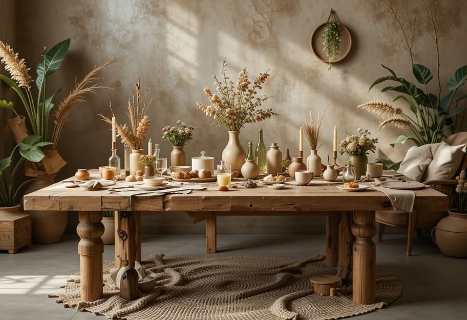 mesa de madeira com materiais reciclados variados (tecidos, papel, vidro, madeira), mãos femininas em processo de criação e iluminação natural.