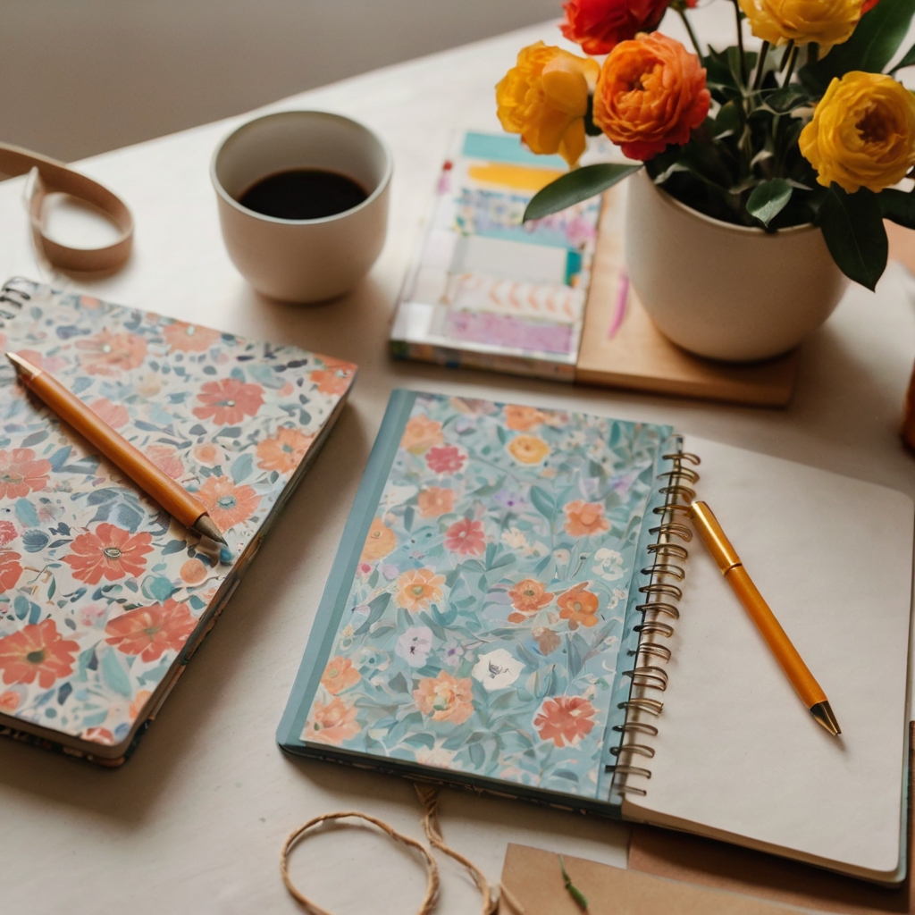 Mesa de papelaria com caderno personalizado, caneta decorada e clips coloridos, representando três truques criativos e úteis para o dia a dia.